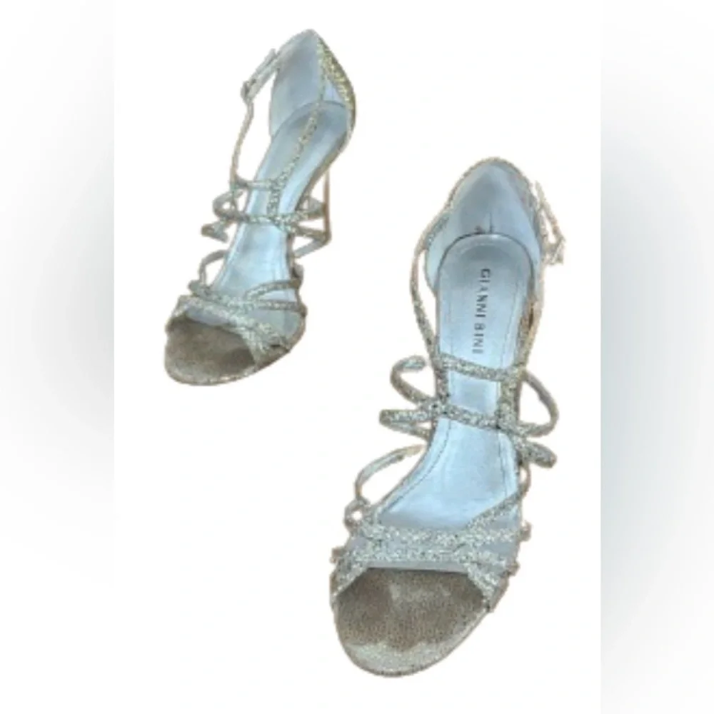 Gianni Bini gold glitter strappy 4” stiletto heels w bckl SZ 8 wedding prom